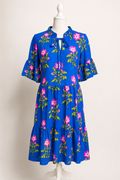 Royal Blue Floral Tie-Neck Dress