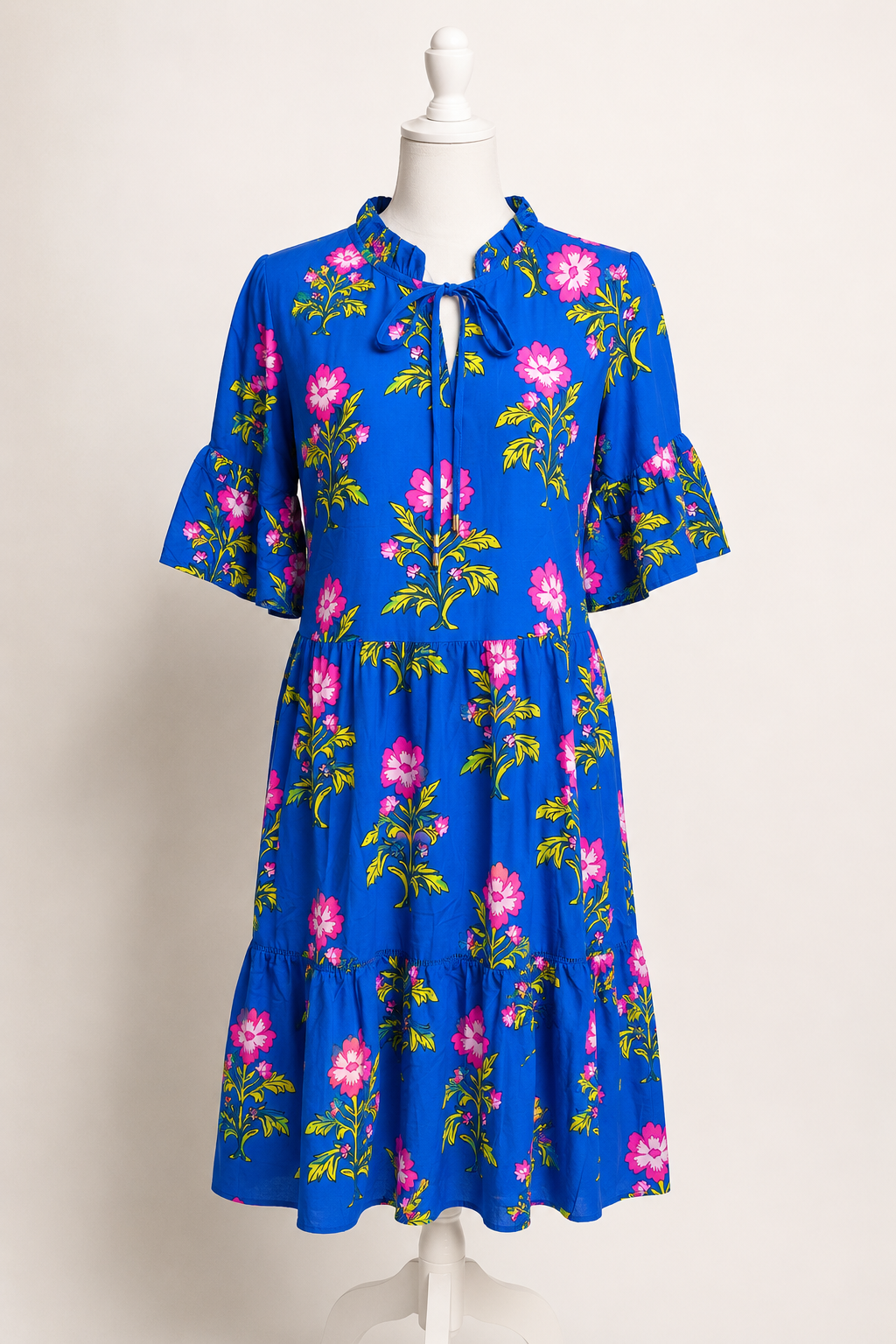 Royal Blue Floral Tie-Neck Dress