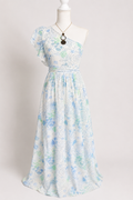 Pastel Blue One-Shoulder Floral Maxi Dress