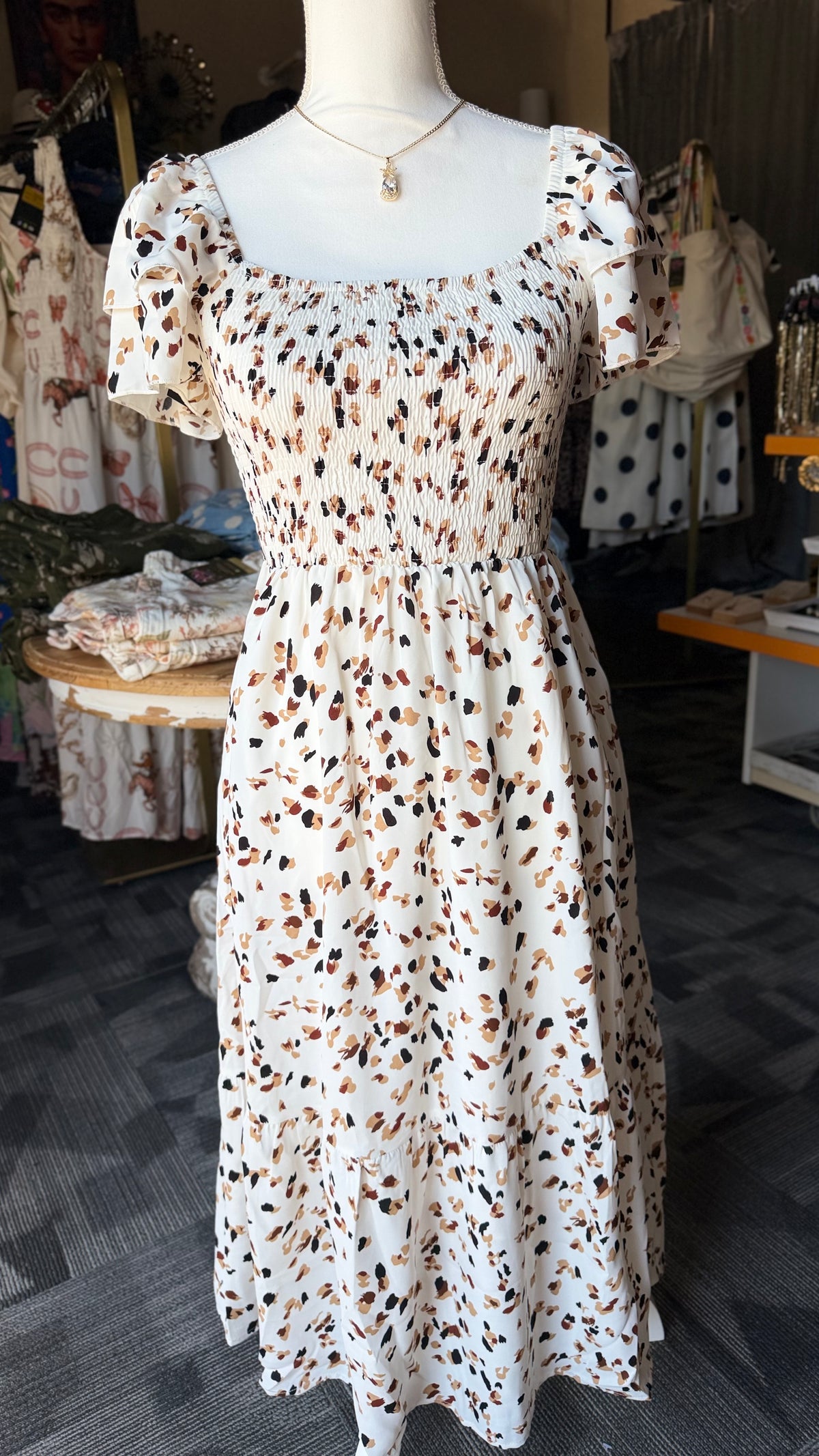 Ivory Confetti Smocked Midi Dress