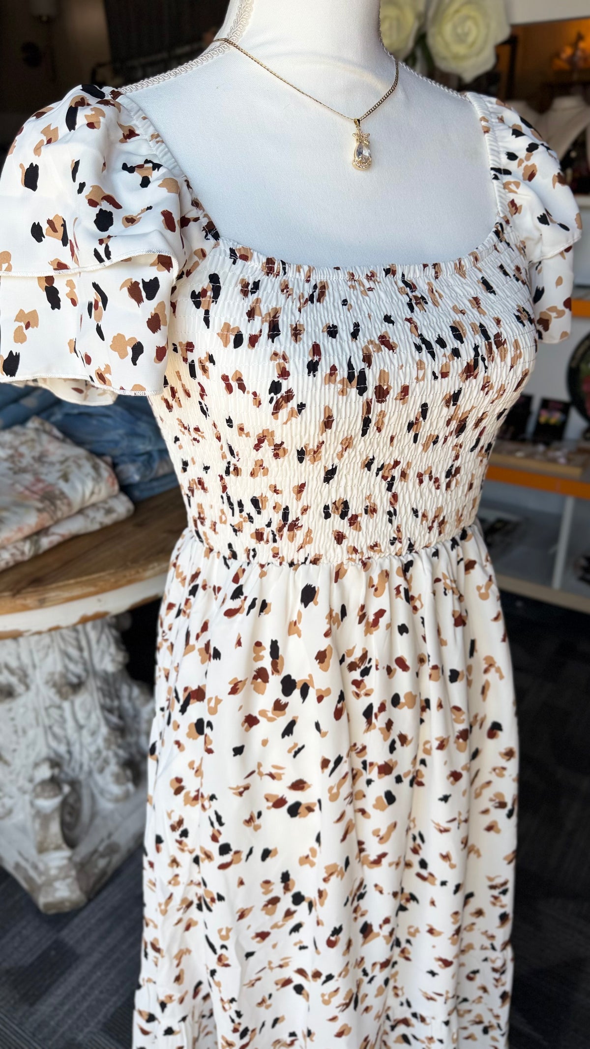 Ivory Confetti Smocked Midi Dress